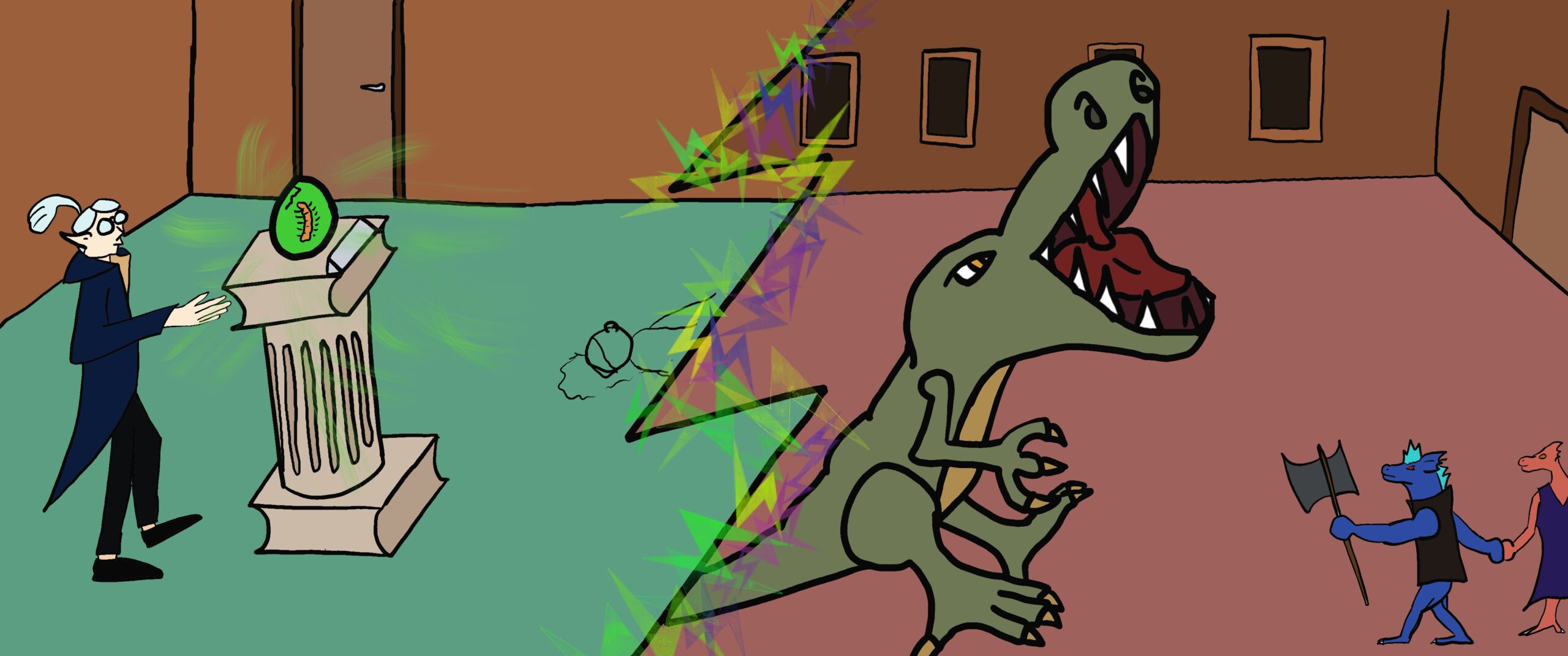 An elf looking at a glowing egg, and an allosaurus chasing two dragonborn.