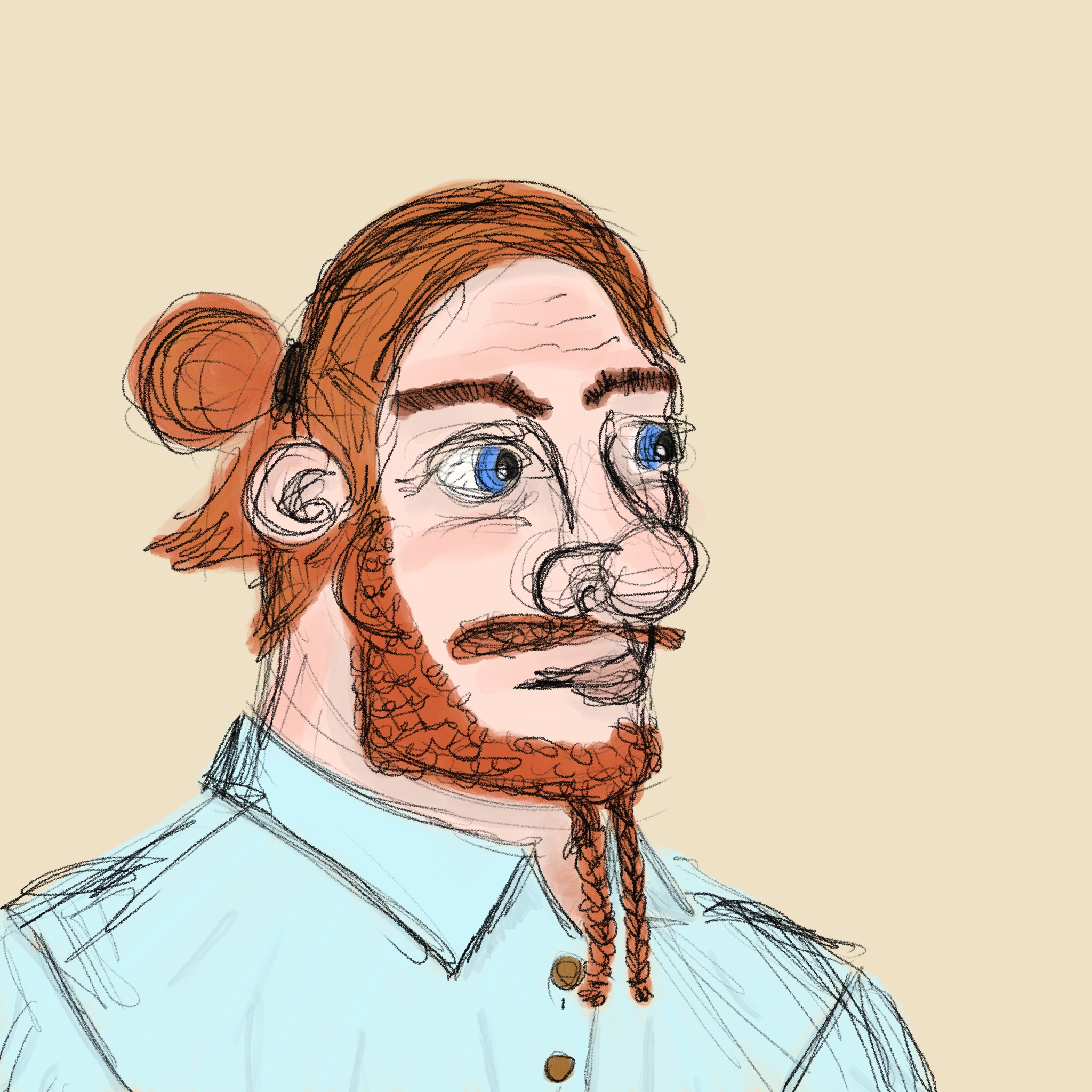 Portrait of orange-haired dwarf in a button up shirt