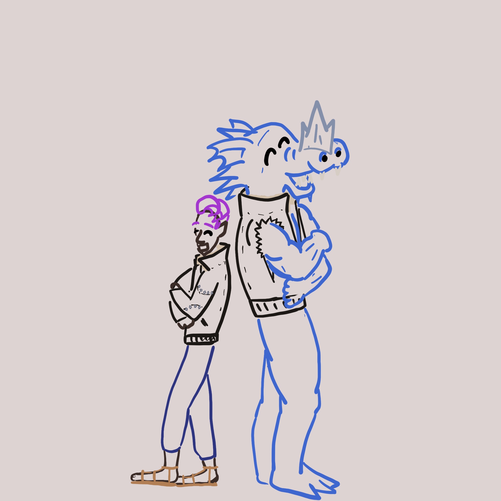 A short, purple-haired humanoid and a tall, muscular, blue dragonborn, standing back-to-back smiling.