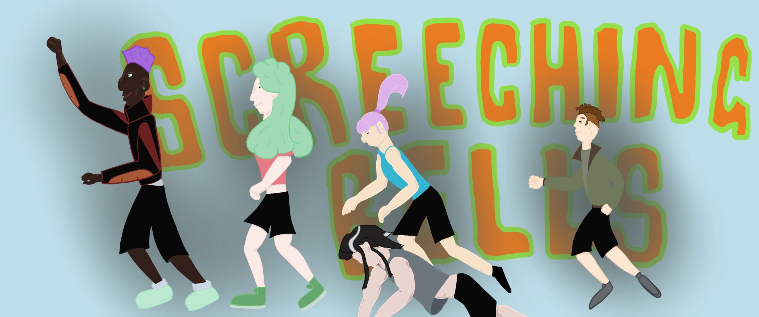 Five characters running forward in front of a cartoony sign 'Screeching Bells'